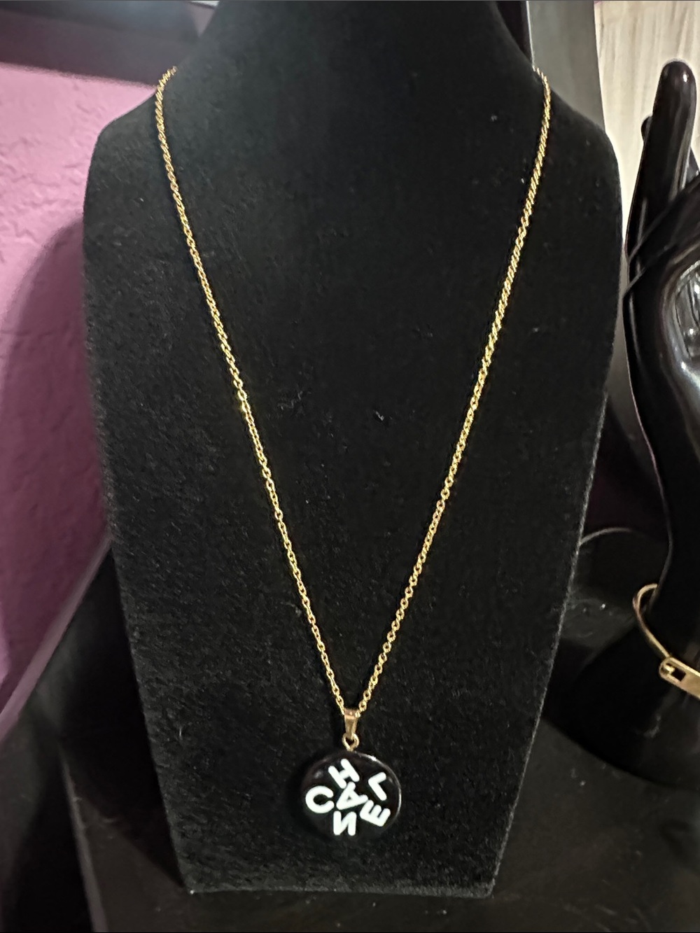 Chanel Stamped Black Lettered Disc Pendant